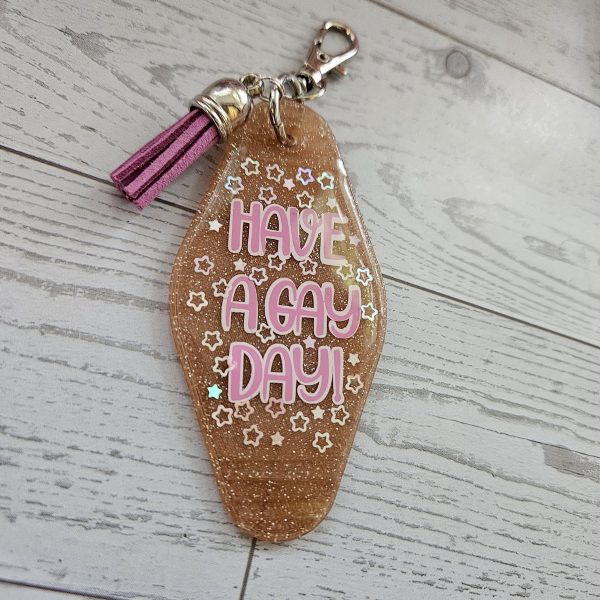 il_fullxfull.7629623193_2b40-1 Retro &Quot;Have A Gay Day&Quot; Keychain: 3D Printed Glitter Pride Key Fob – Keychains – Handmade By Shessocrafty Goods