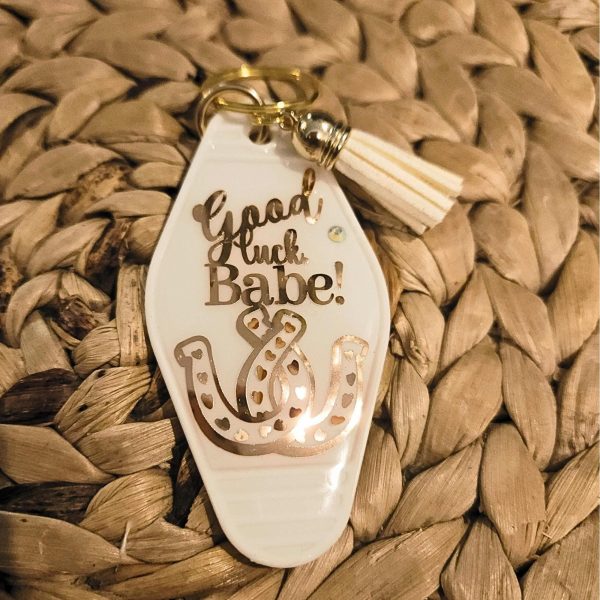 Good Luck Babe Keychain: Chic White Gold Design - Cream Tassel – Keychains – Handmade By Shessocrafty Goods