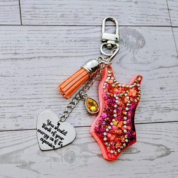 Orange Showgirl Era Bodysuit Keychain – Rhinestone Resin Bag Charm With Engraved Quote – Keychains – Handmade By Shessocrafty Goods