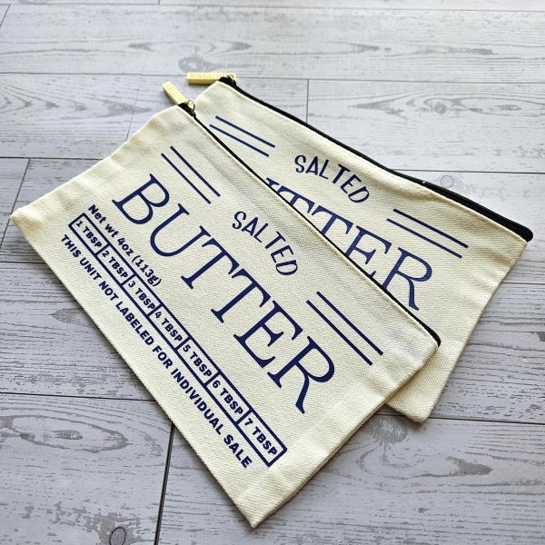 Butter Stick Canvas Zip Pouch, Retro Foodie Makeup Bag, 3D Printed Zipper Pull – Totes – Handmade By Shessocrafty Goods