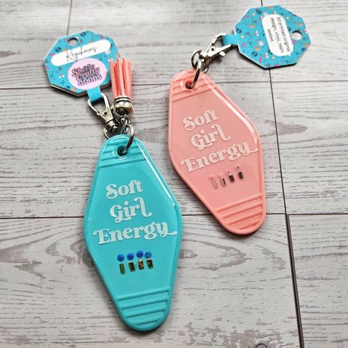 Soft Girl Energy Motel Keychain – Rhinestone Embellished Bag Charm – Keychains – Handmade by ShesSoCrafty Goods