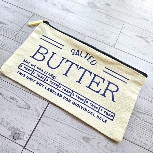 Butter Stick Canvas Zip Pouch, Retro Foodie Makeup Bag, 3D Printed Zipper Pull – Totes – Handmade by ShesSoCrafty Goods