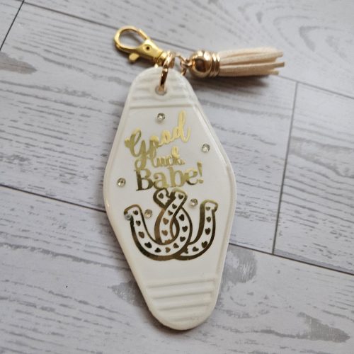 Good Luck Babe Keychain: Chic White Gold Design - Cream Tassel – Keychains – Handmade by ShesSoCrafty Goods