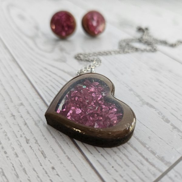 Hot Pink Wood Resin Heart Necklace And Earring Set | Handmade Jewelry – Jewelry – Handmade By Shessocrafty Goods