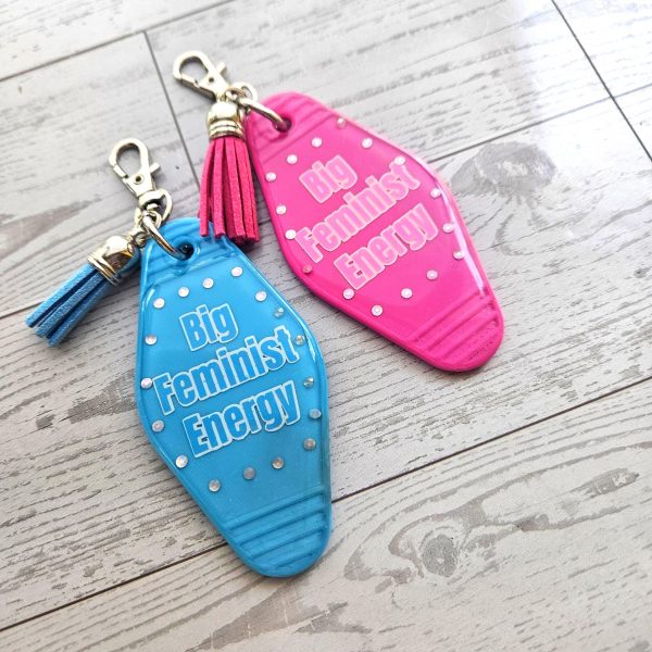 il_fullxfull.7835072123_p56z-2 Big Feminist Energy Motel Keychain | Retro Rhinestone Bag Charm – Keychains – Handmade By Shessocrafty Goods