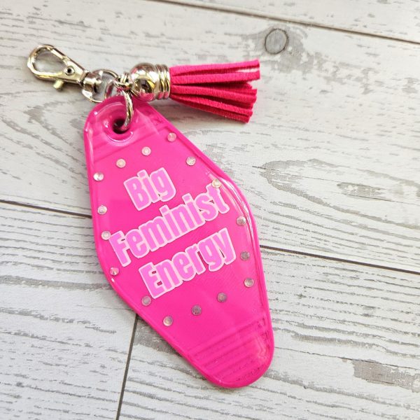 il_fullxfull.7835074531_8um7-2 Big Feminist Energy Motel Keychain | Retro Rhinestone Bag Charm – Keychains – Handmade By Shessocrafty Goods