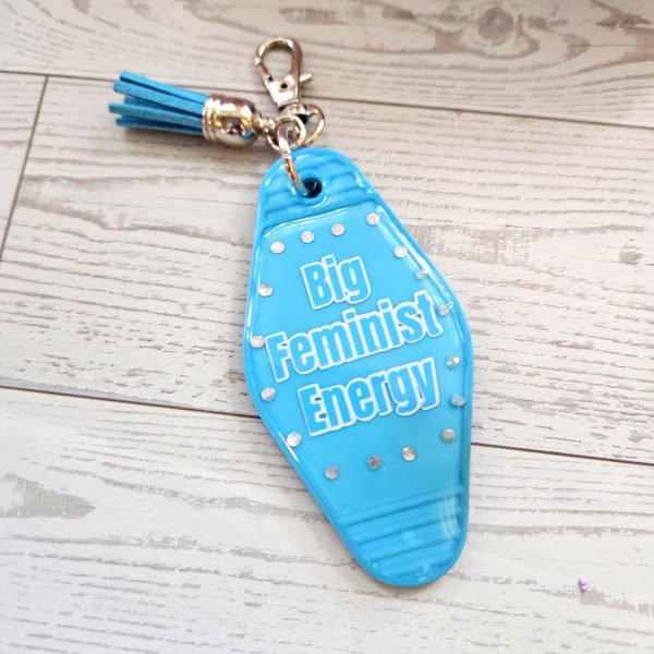 il_fullxfull.7835075487_dn1g-2 Big Feminist Energy Motel Keychain | Retro Rhinestone Bag Charm – Keychains – Handmade By Shessocrafty Goods