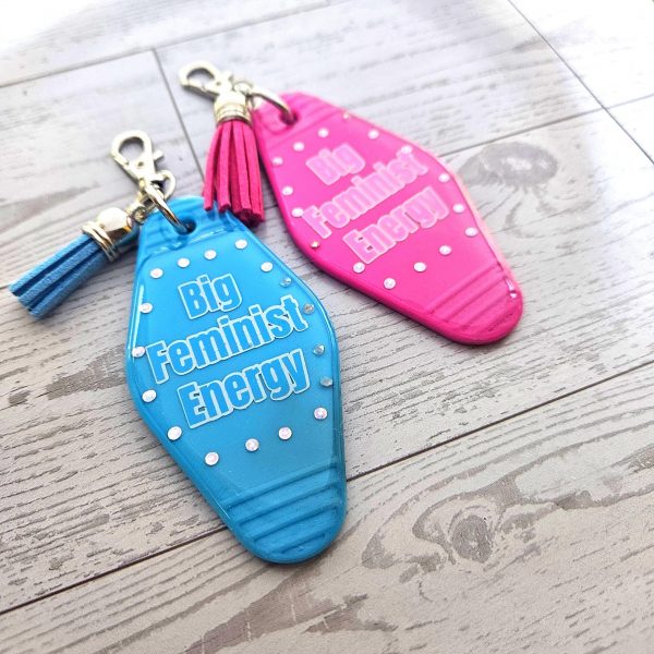 il_fullxfull.7835079141_p9ag-2 Big Feminist Energy Motel Keychain | Retro Rhinestone Bag Charm – Keychains – Handmade By Shessocrafty Goods
