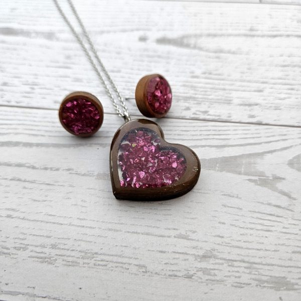 Hot Pink Wood Resin Heart Necklace And Earring Set | Handmade Jewelry – Jewelry – Handmade By Shessocrafty Goods