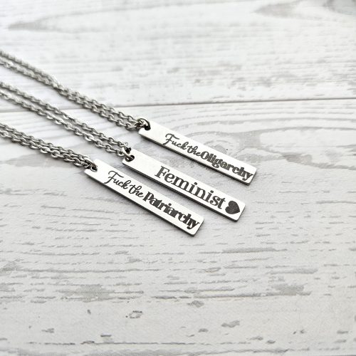 Activist Bar Necklace | Feminist, Anti-Patriarchy, Anti-Oligarchy | Stainless Steel – Jewelry – Handmade by ShesSoCrafty Goods