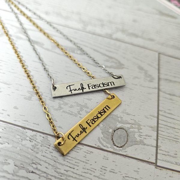 il_fullxfull.7629628295_rozp Fuck Fascism Laser Engraved Activist Bar Necklace β Stainless Steel Or Gold Plated β Jewelry β Handmade By Shessocrafty Goods