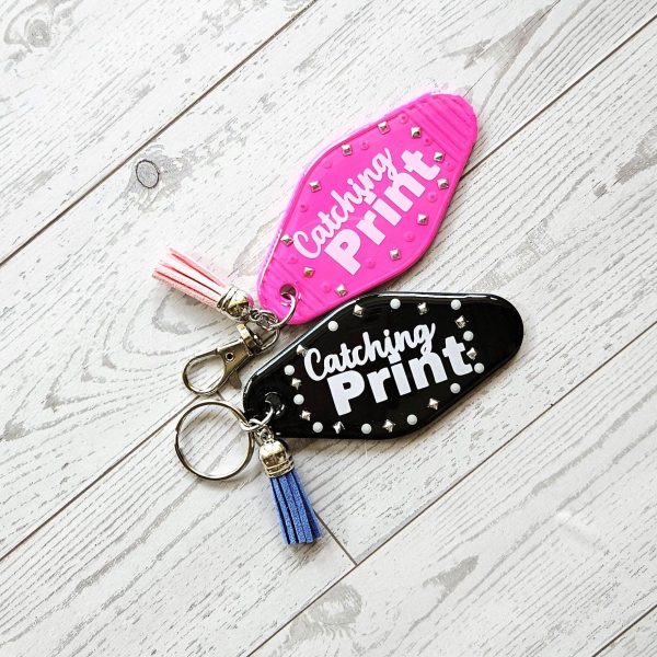 il_fullxfull.7867841992_br1y Catching Print Motel Keychain — Funny Cheeky Bag Charm With Studs And Tassel – Keychains – Handmade By Shessocrafty Goods