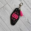 Pink Pony Club Motel Keychain with Crystals — Black Pink Rhinestone Bag Charm – Keychains – Handmade by ShesSoCrafty Goods