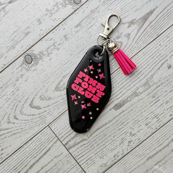 Pink Pony Club Motel Keychain With Crystals — Black Pink Rhinestone Bag Charm – Keychains – Handmade By Shessocrafty Goods