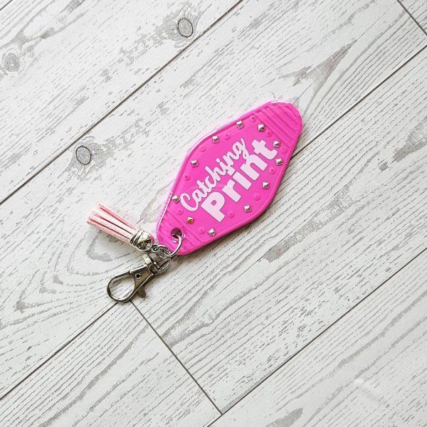 il_fullxfull.7915789171_dgdl Catching Print Motel Keychain — Funny Cheeky Bag Charm With Studs And Tassel – Keychains – Handmade By Shessocrafty Goods
