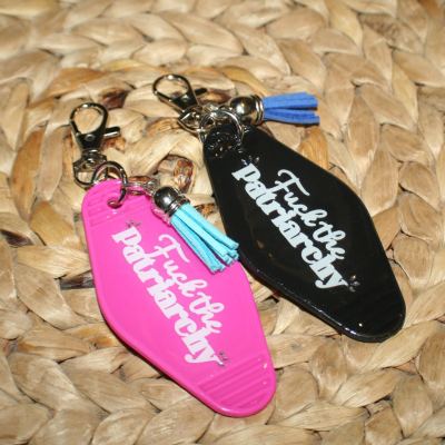 Fuck the Patriarchy Motel Key, Feminist Bag Charm, Activist Resin Charm – Keychains – Handmade by ShesSoCrafty Goods