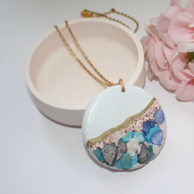 Handmade Concrete Pendant Necklace with Blue Stones & Rose Gold Accents – 1.75" Round Statement Piece – Jewelry – Handmade by ShesSoCrafty Goods
