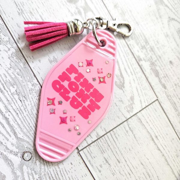 Pink Pony Club Motel Keychain — Pastel Pink Rhinestone Tassel Bag Charm – Uncategorized – Handmade by ShesSoCrafty Goods