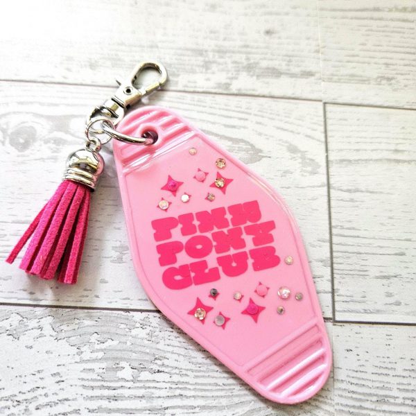 Pink Pony Club Motel Keychain — Pastel Pink Rhinestone Tassel Bag Charm – Uncategorized – Handmade by ShesSoCrafty Goods