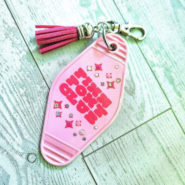 Pink Pony Club Motel Keychain — Pastel Pink Rhinestone Tassel Bag Charm – Uncategorized – Handmade by ShesSoCrafty Goods