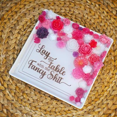 Floral Resin Tray: Pink, White & Rose Gold - Decorative Centerpiece – Decorative Trays – Handmade by ShesSoCrafty Goods