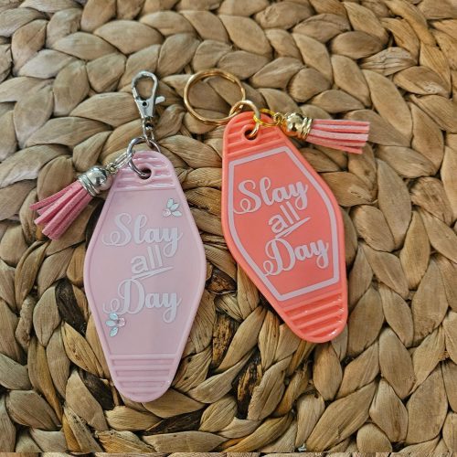 il_fullxfull.7581659830_2c1f Slay All Day Motel Keychain: 3D Printed Pink Bag Charm – Uncategorized – Handmade by ShesSoCrafty Goods