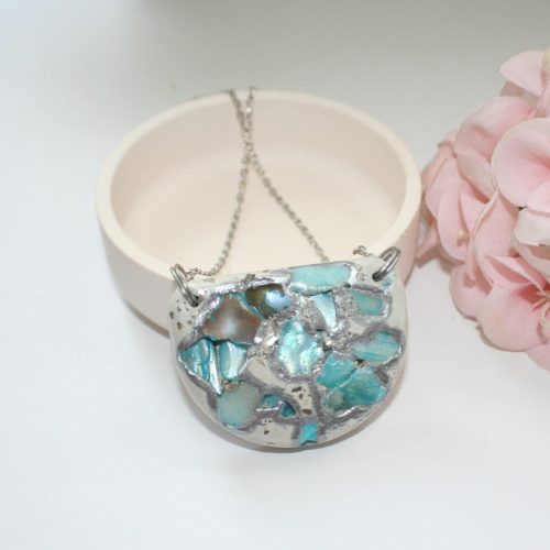 Handmade Concrete Pendant Necklace: Blue Iridescent Stone Inlay, Silver Chrome Accent – Jewelry – Handmade by ShesSoCrafty Goods