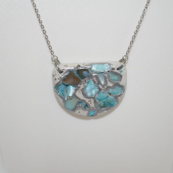 Handmade Concrete Pendant Necklace: Blue Iridescent Stone Inlay, Silver Chrome Accent – Jewelry – Handmade by ShesSoCrafty Goods
