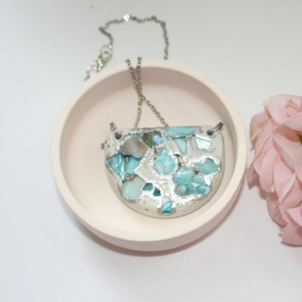 Handmade Concrete Pendant Necklace: Blue Iridescent Stone Inlay, Silver Chrome Accent – Jewelry – Handmade by ShesSoCrafty Goods