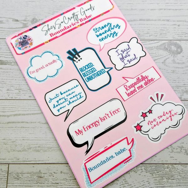 Boundaries Babe Sticker Sheet: Waterproof Vinyl Decals for Journaling – Say It Louder – Handmade by ShesSoCrafty Goods
