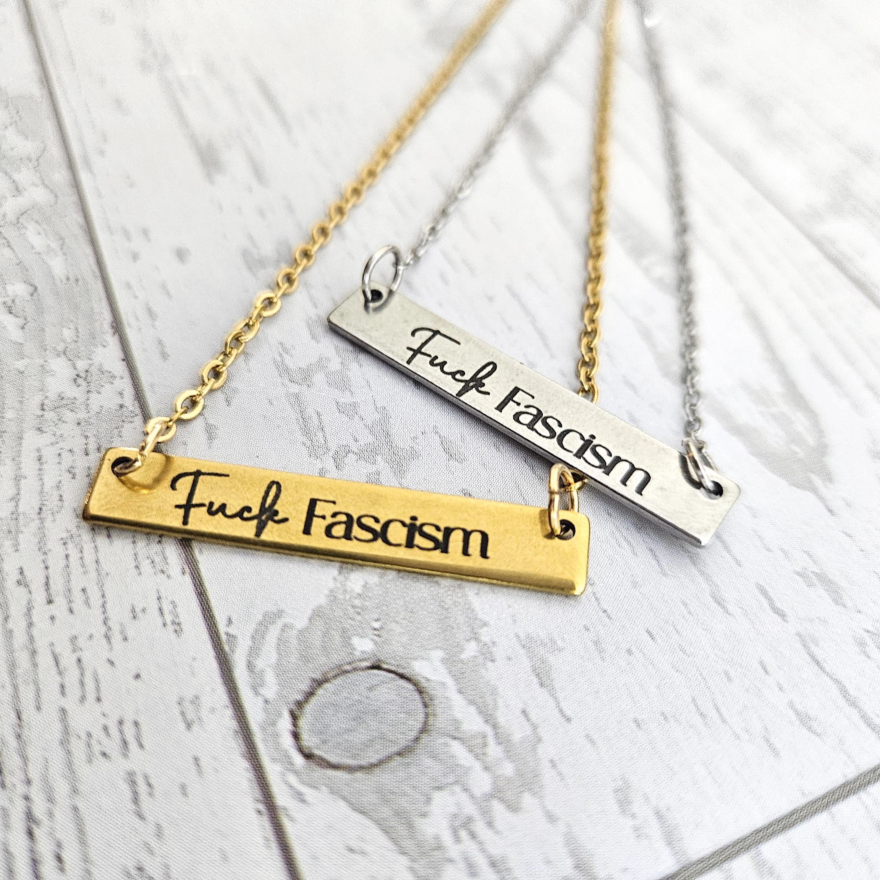 il_fullxfull.7581680288_l8kk Fuck Fascism Laser Engraved Activist Bar Necklace – Stainless Steel or Gold Plated – Jewelry – Handmade by ShesSoCrafty Goods
