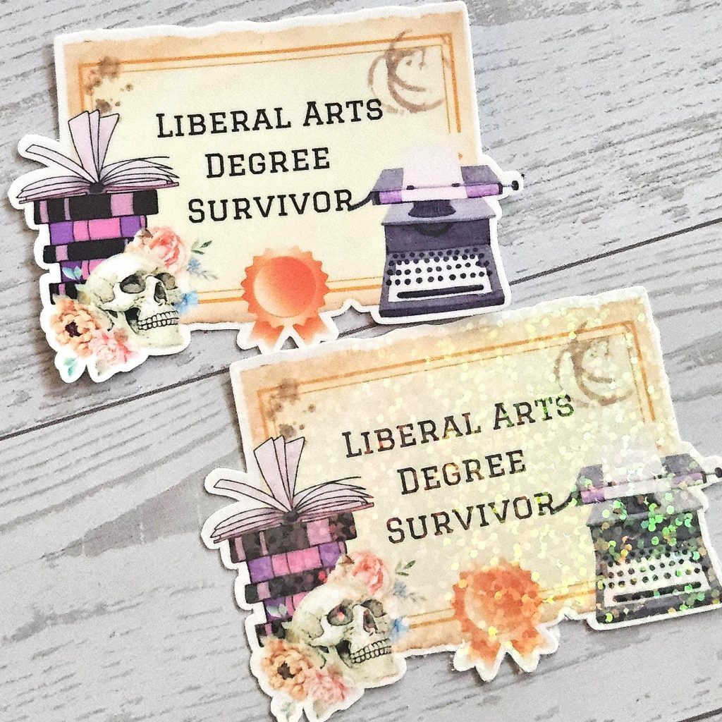 Liberal Arts Degree Survivor Sticker – Vintage Skull, Books, Typewriter Decal – Bookish – Handmade by ShesSoCrafty Goods