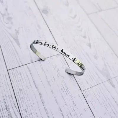 Engraved Stainless Steel Cuff Bracelet | Minimalist Poet Quote Jewelry – Cuff Bracelets – Handmade by ShesSoCrafty Goods