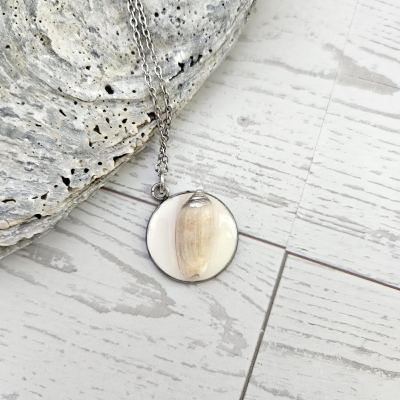 Lettered Olive Shell Necklace: Silver Chrome Tip, Coastal Pendant – Jewelry – Handmade by ShesSoCrafty Goods
