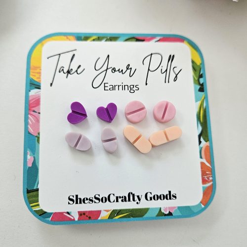 Polymer Clay Pill Earrings, Mental Health Awareness Studs, Quirky Stud Set – Earrings – Handmade by ShesSoCrafty Goods