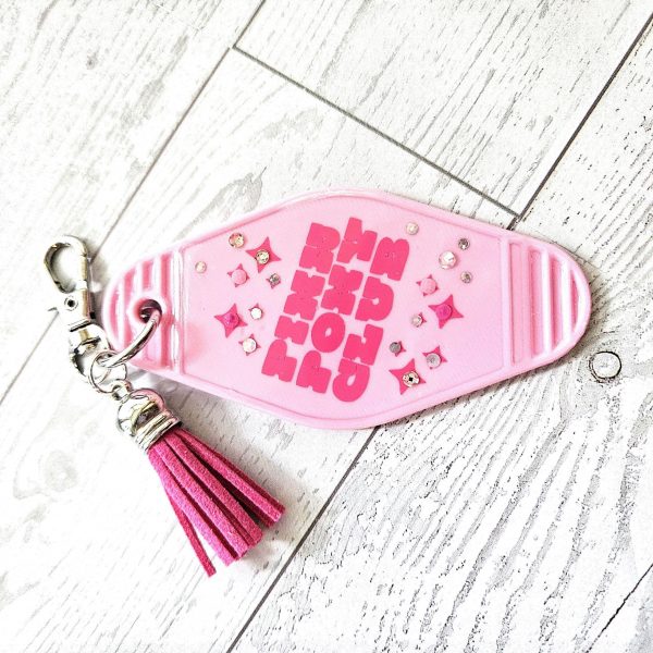Pink Pony Club Motel Keychain — Pastel Pink Rhinestone Tassel Bag Charm – Uncategorized – Handmade by ShesSoCrafty Goods