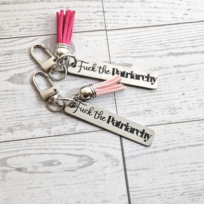 Fuck the Patriarchy Keychain – Engraved Stainless Steel Bar with Pink Tassel – Feminist Statement Charm – Keychains – Handmade by ShesSoCrafty Goods