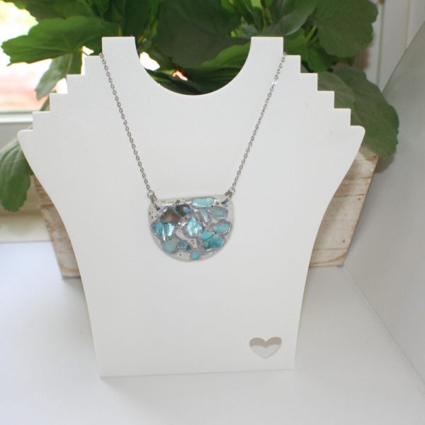 Handmade Concrete Pendant Necklace: Blue Iridescent Stone Inlay, Silver Chrome Accent – Jewelry – Handmade by ShesSoCrafty Goods