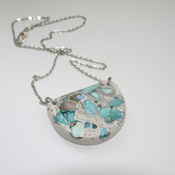 Handmade Concrete Pendant Necklace: Blue Iridescent Stone Inlay, Silver Chrome Accent – Jewelry – Handmade by ShesSoCrafty Goods