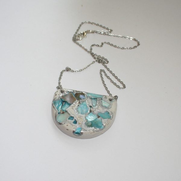 Handmade Concrete Pendant Necklace: Blue Iridescent Stone Inlay, Silver Chrome Accent – Jewelry – Handmade by ShesSoCrafty Goods