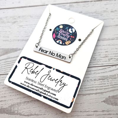 Fear No Man Necklace – Feminist Stainless Steel Bar Pendant with Black Engraving – Jewelry – Handmade by ShesSoCrafty Goods