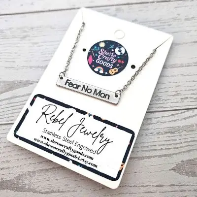 Fear No Man Necklace – Feminist Stainless Steel Bar Pendant with Black Engraving – Jewelry – Handmade by ShesSoCrafty Goods