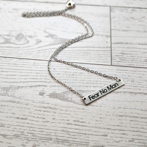 il_fullxfull.7629611881_3szq Fear No Man Necklace β Feminist Stainless Steel Bar Pendant with Black Engraving β Jewelry β Handmade by ShesSoCrafty Goods