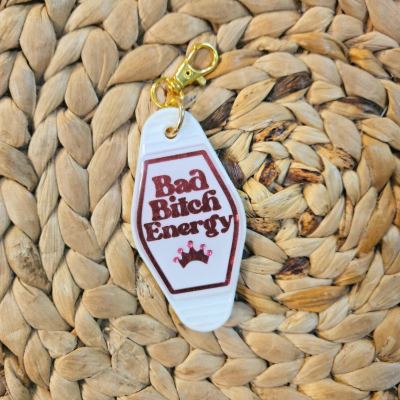 Motel Keychain Bag Charm, Bad Bitch Energy Rhinestone Accented Keychain – Keychains – Handmade by ShesSoCrafty Goods