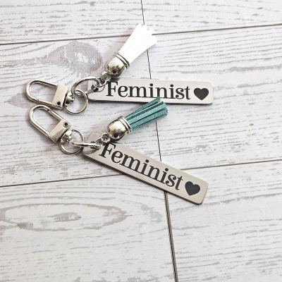 Feminist Keychain – Stainless Steel Statement Accessory with Pink Tassel – Engraved Charm – Keychains – Handmade by ShesSoCrafty Goods