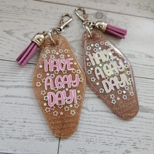 Retro "Have a Gay Day" Keychain: 3D Printed Glitter Pride Key Fob – Keychains – Handmade by ShesSoCrafty Goods