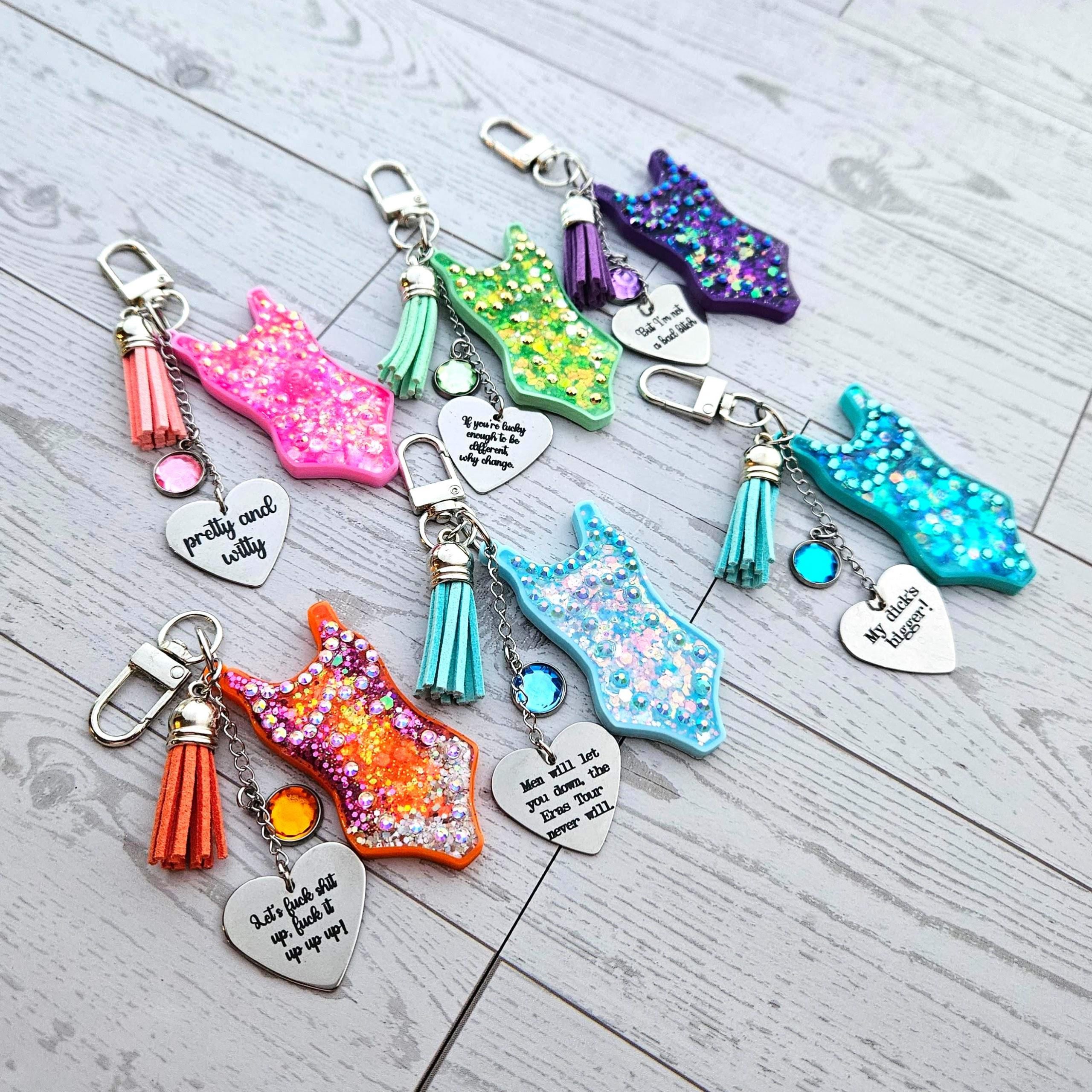 Loud Color. Louder Statements. - ShesSoCrafty Goods Custom Showgirl Eras Bodysuit Keychain – Personalized Glitter Resin Bag Charm with Engraved Quote