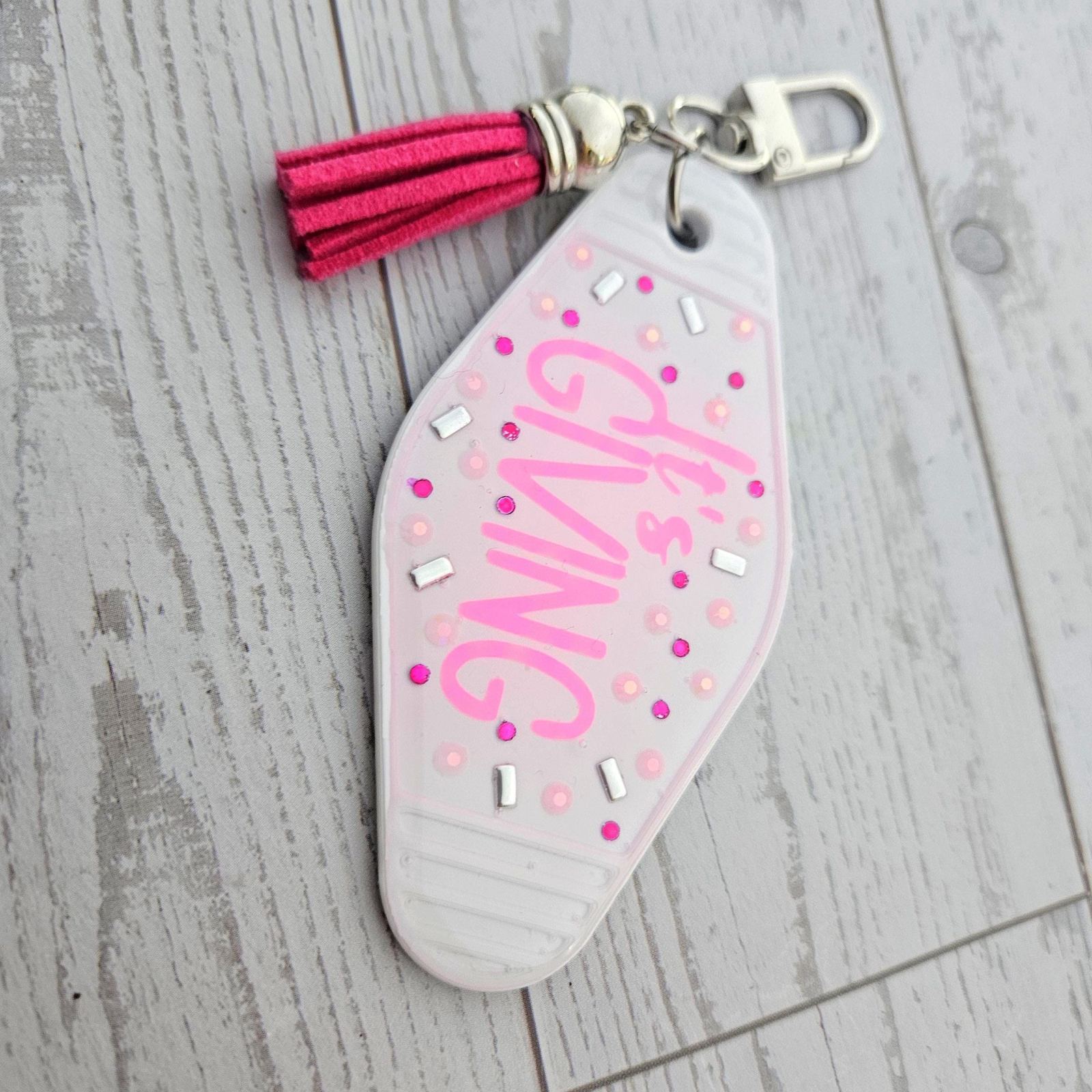 It's Giving Rhinestone Motel Keychain Bag Charm, Trendy Pink It's Giving Rhinestone Motel Keychain Bag Charm, Trendy Pink – Keychains – Handmade by ShesSoCrafty Goods