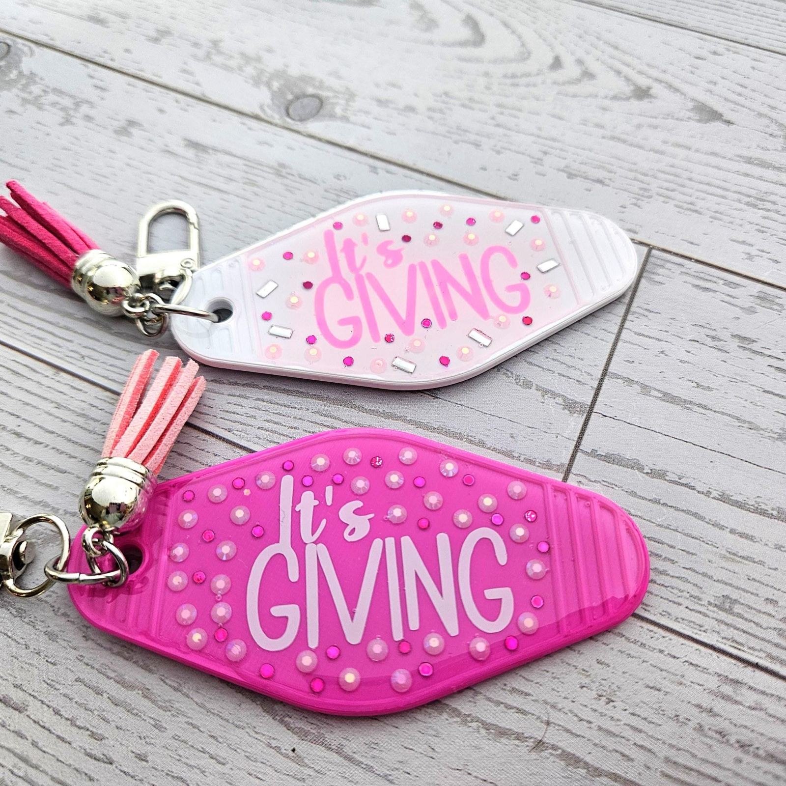 It's Giving Rhinestone Motel Keychain Bag Charm, Trendy Pink It's Giving Rhinestone Motel Keychain Bag Charm, Trendy Pink – Keychains – Handmade by ShesSoCrafty Goods
