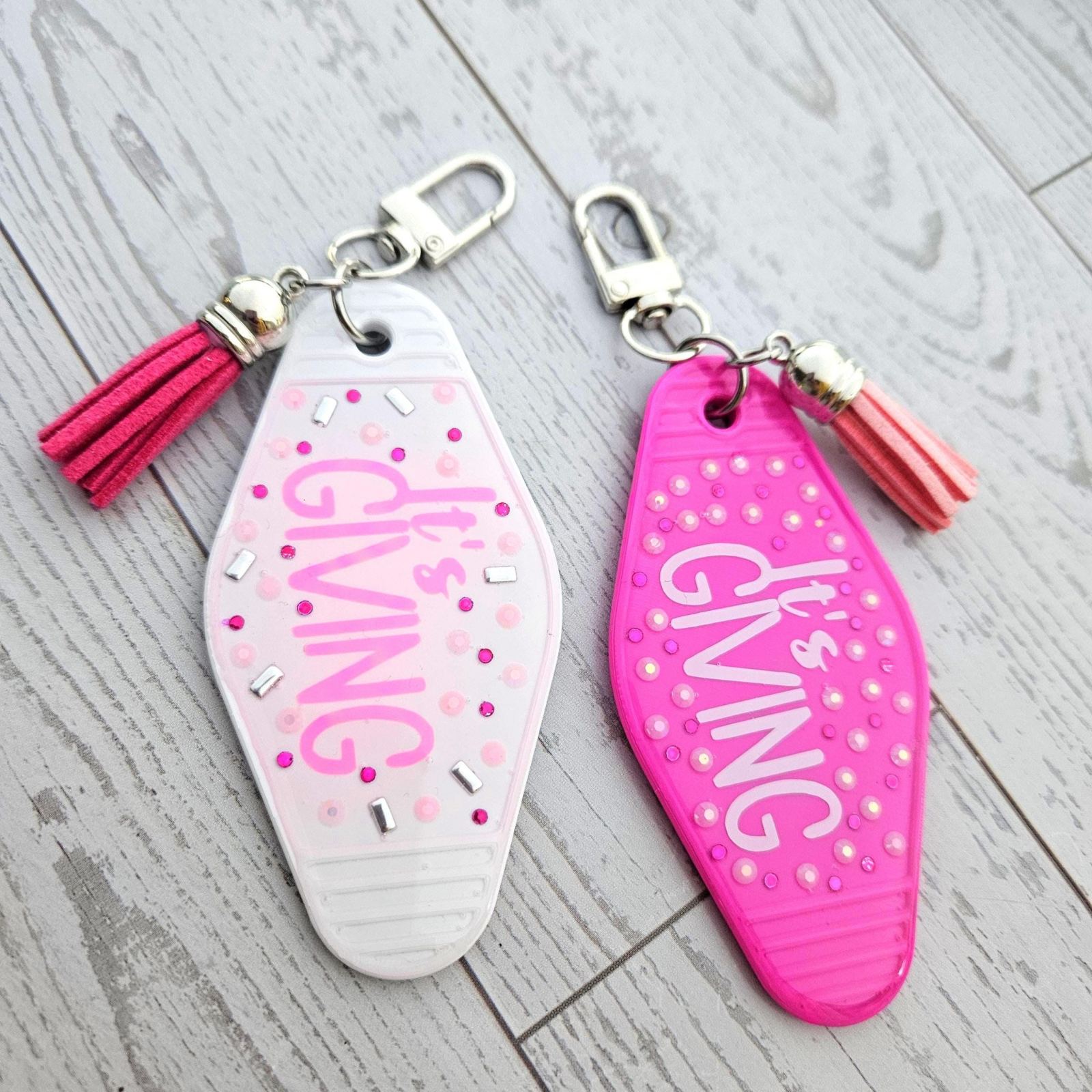 It's Giving Rhinestone Motel Keychain Bag Charm, Trendy Pink It's Giving Rhinestone Motel Keychain Bag Charm, Trendy Pink – Keychains – Handmade by ShesSoCrafty Goods